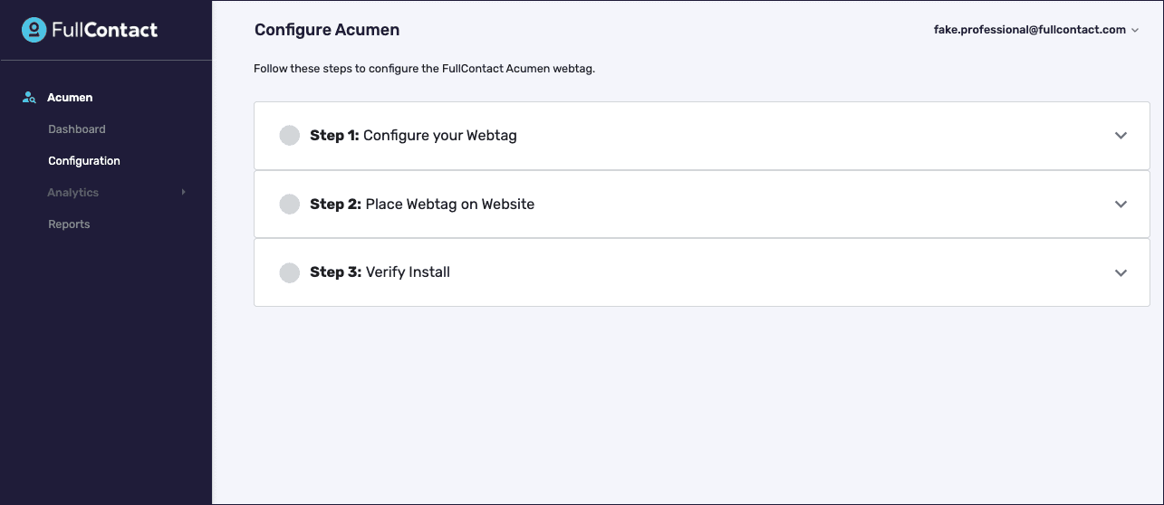 Screenshot of Acumen configuration page listing three steps: Configure your Webtag, Place Webtag on Website, Verify Install.