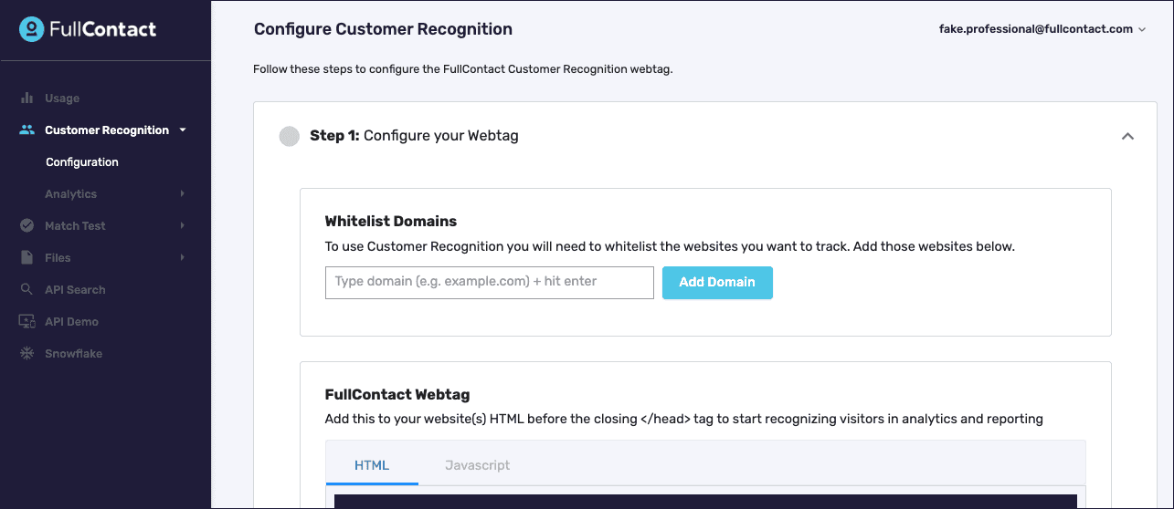 Screenshot of Acumen configuration page. Configure your Webtag is expanded to add Whitelist Domains.