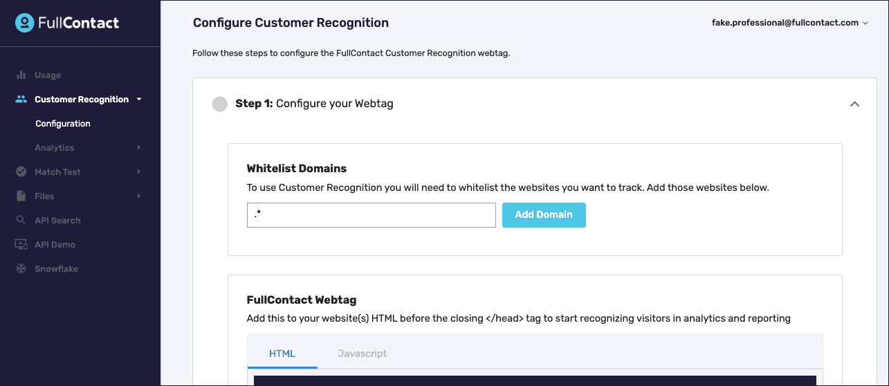 Screenshot of Acumen configuration page. Configure your Webtag is expanded to add Whitelist Domains. A period followed by an asterisk has been typed in the text box to add multiple domains.