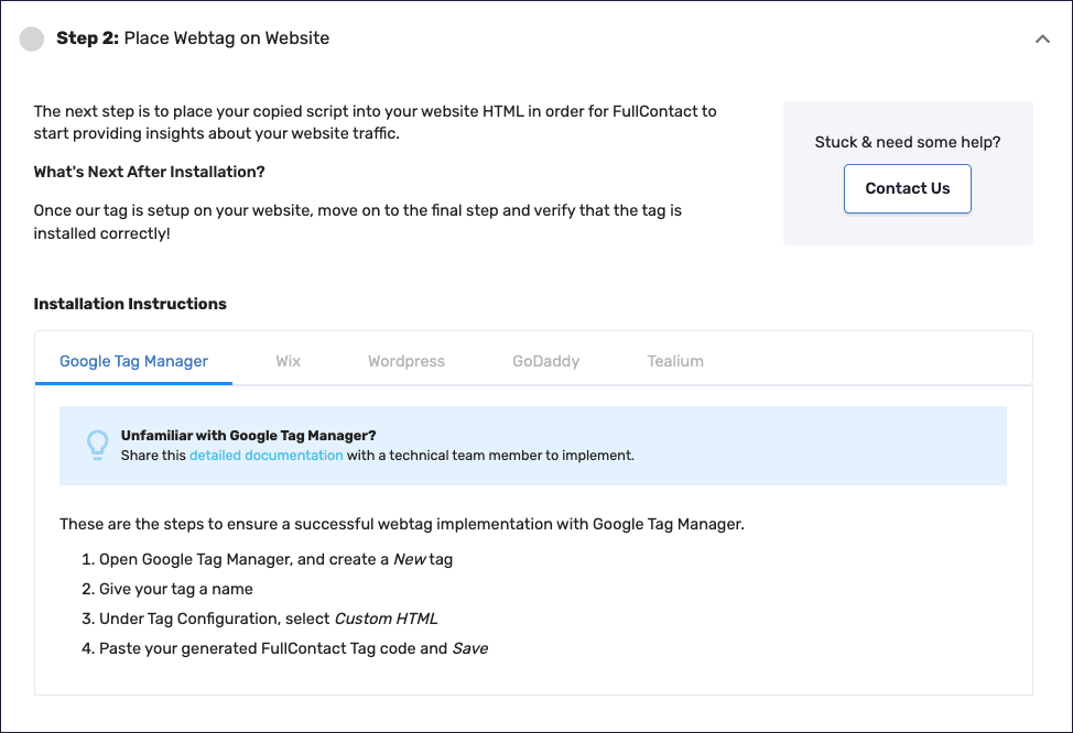 Screenshot of Acumen configuration step 2 "Place Webtag on Website," expanded to show summarized instructions and links to documentation within the configuration wizard.