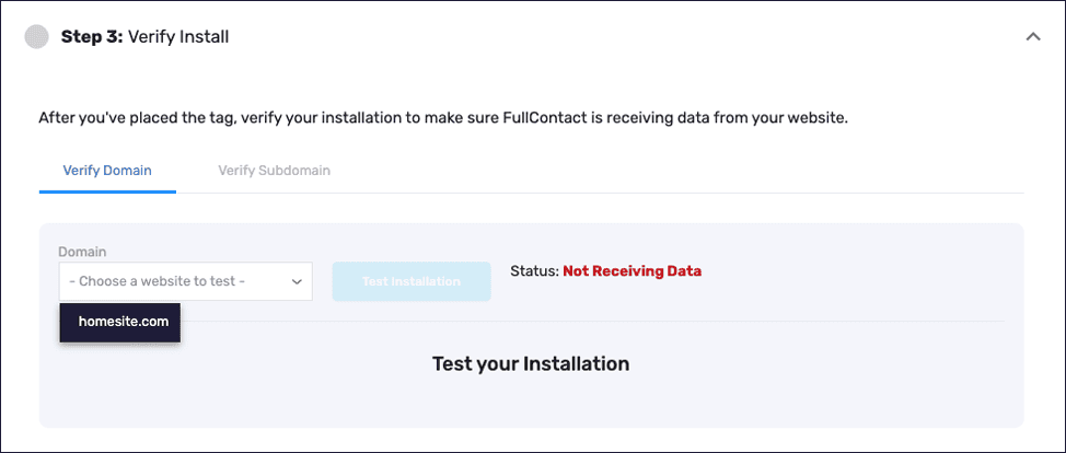 Screenshot of Acumen configuration settings showing step 3 "Verify Install" expanded and a status message reading "Not Receiving Data."